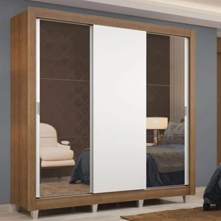 Guarda-Roupa Casal Madesa Lyon 3 Portas de Correr com Espelhos 2 Gavetas com Pés em Oferta na Shopee