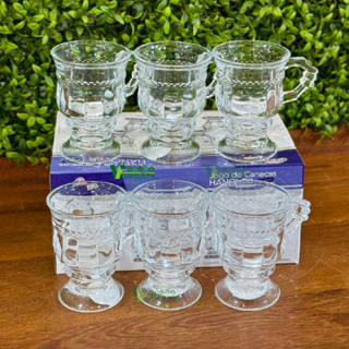 Jogo 6 Canecas Xícaras 117ml Cafézinho Capuccino com Pé Alça Alta Cantinho do Café Requintada Luxo Kit Conjunto Diamante