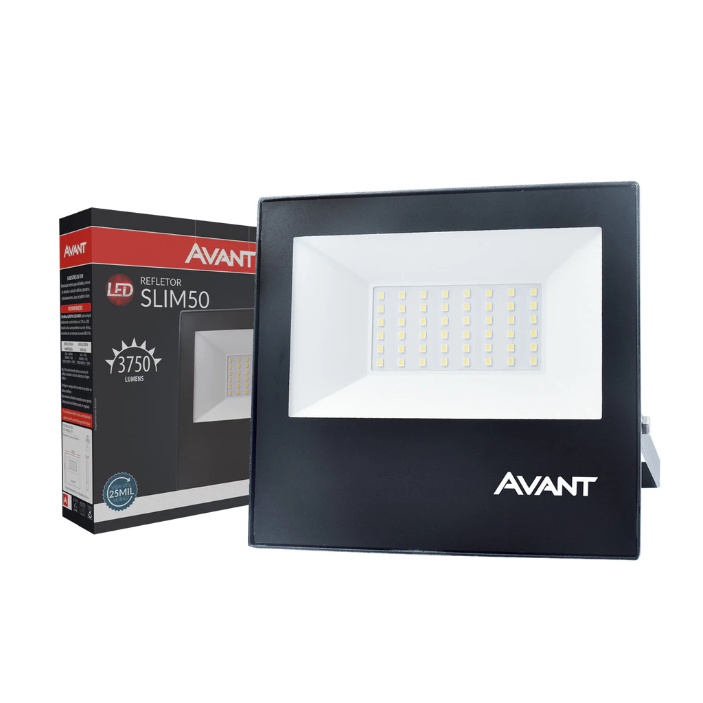 Refletor Led Slim 50w 6500k Branco Frio 110v/220v Ip65 a prova dágua Preto Cod: 259501372 Avant