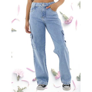 Calça Jeans Bolso Cargo Wide Leg Menina Juvenil Roupa Infantil