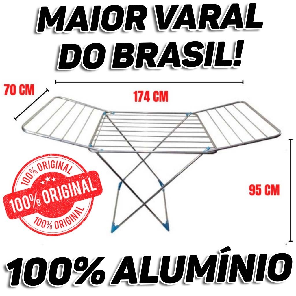 Varal de Chao Com Abas 100% Aluminio 174 Cm Modelo Gigante Maior Do Brasil Resistente Agrantt