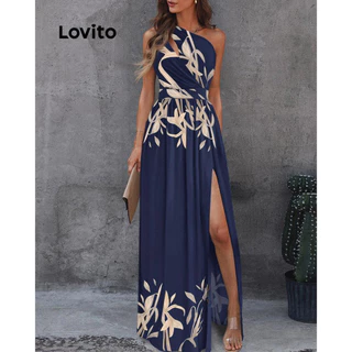Lovito Boho Vestido Feminino Liso com Recorte Fenda e Flores LNL42004