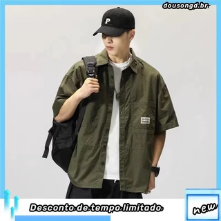 Camisa de Trabalho Estilo Japonês Camisa de Manga Meio Manga Homens Summer Loose Half-Sleeved American Style Street Wear Ruffian Camisa Bonita Twill Workwear