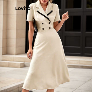 Lovito Elegante Vestido Feminino Liso com Costura Contrastante e Botão LNL42153