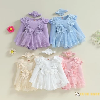 Eph- Bebê Meninas 2Pcs Roupas Flor Laço Manga Longa Macacão Vestido Com Faixa De Cabeça