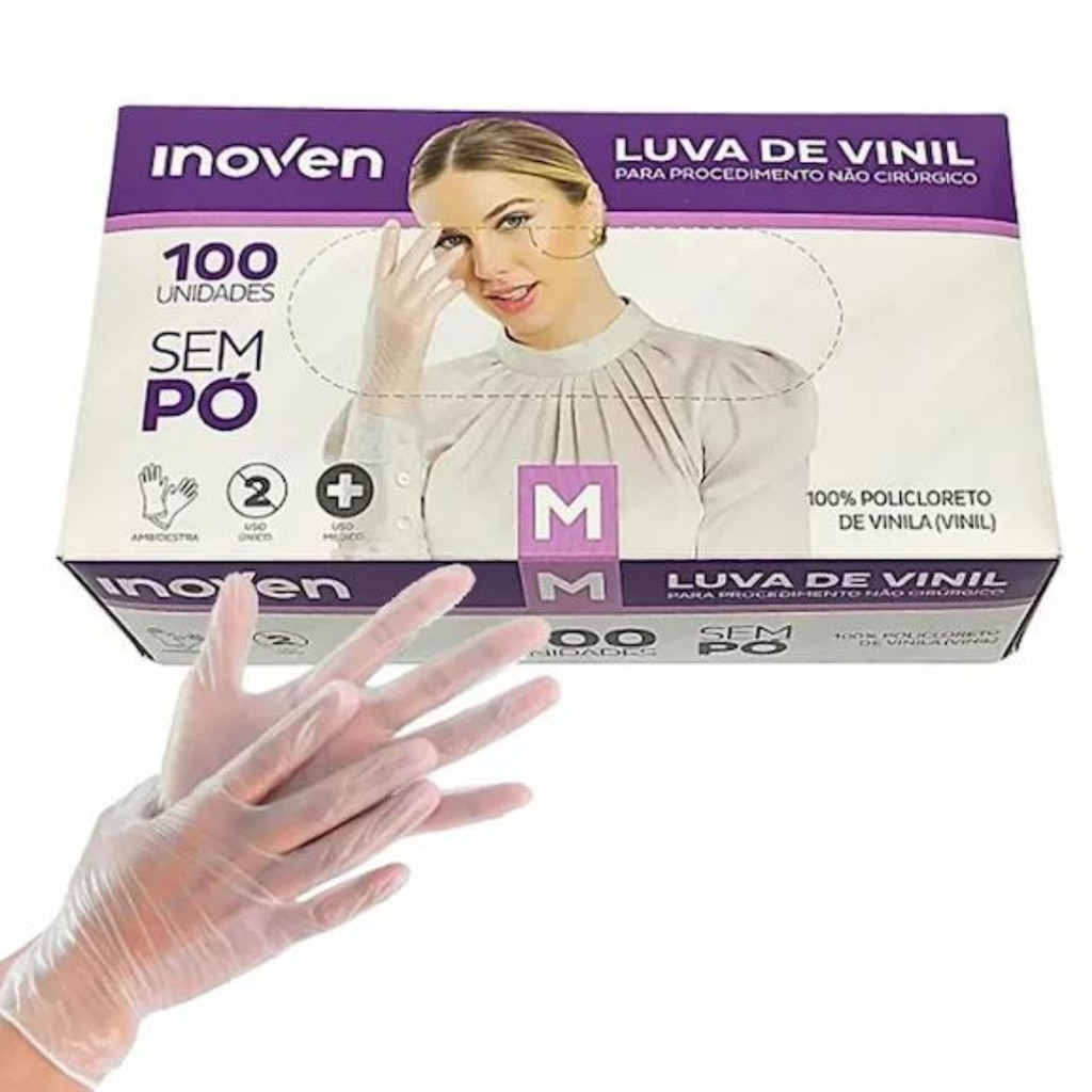 Caixa de Luvas Descartáveis de Vinil Sem Pó - INOVEN - 100 Unidades ...