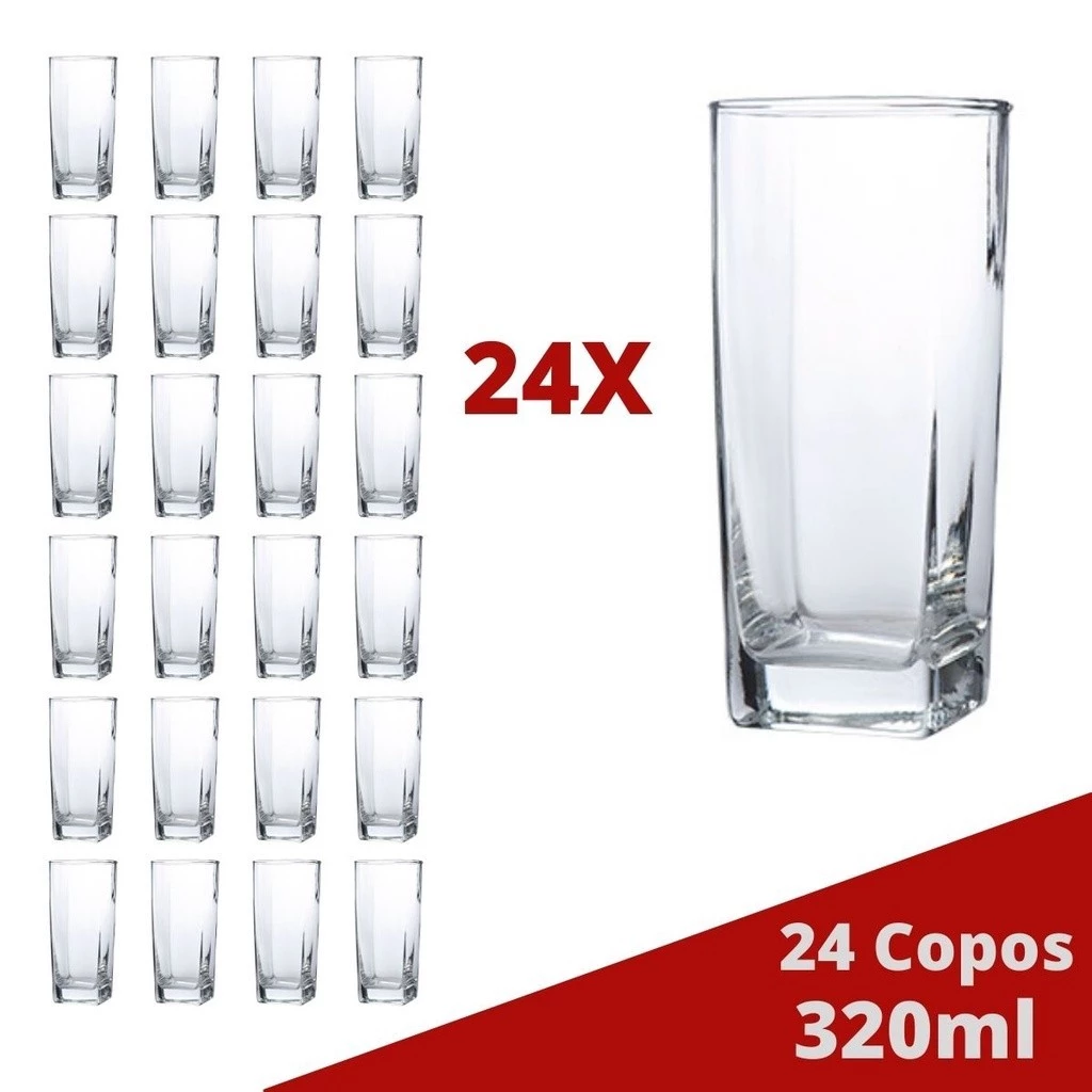 Jogo de Copos Vidro Texas 320ml Quadrado Suco Agua - 24Un