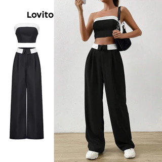 Lovito Casual Conjunto de Calça Básica com Bloco de Cores para Mulheres L74ED072 (Topo/Conjunto/Calças)