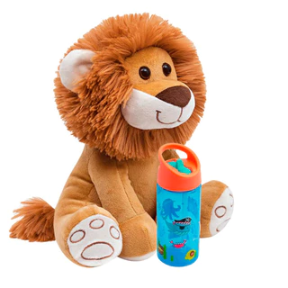 Garrafa Infantil Canudo Retrátil 400ml Pirata + Pelucia Leaozinho Caramelo Antialergico 25cm - Buba