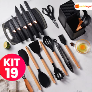 Kit Completo Jogo Utensílios de Cozinha Luxo 19 Peças Com Tábua em Silicone Espátula Faca Tesoura