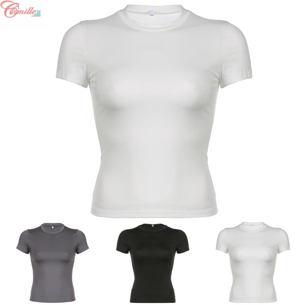 Camiseta De Corte Básico Y2K De Alta Elasticidade Manga Curta