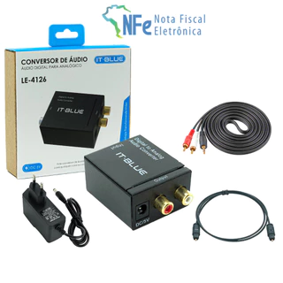 Kit Conversor de Áudio Digital Óptico P/ RCA/P2 com Cabos Óptico e RCA/P2 com Fonte de Energia 12V