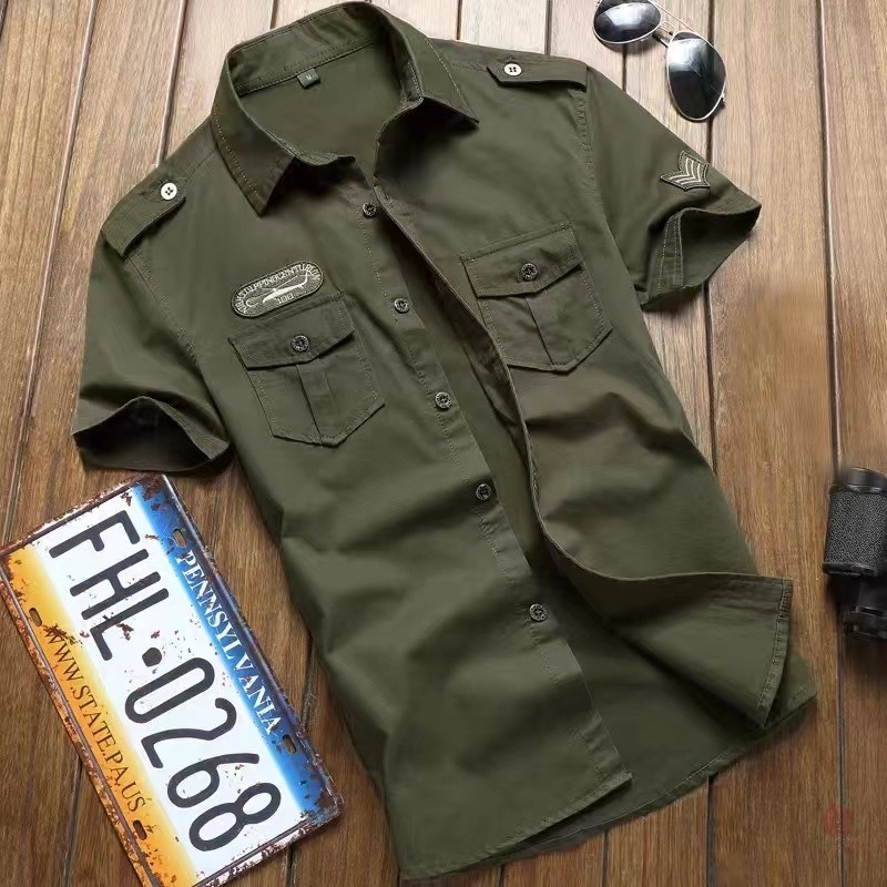 Camisa Militar dos homens Tático Manga Curta Verão Cor Sólida Alta Qualidade Bolso 100% Cotton568