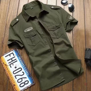 Camisa Militar dos homens Tático Manga Curta Verão Cor Sólida Alta Qualidade Bolso 100% Cotton568