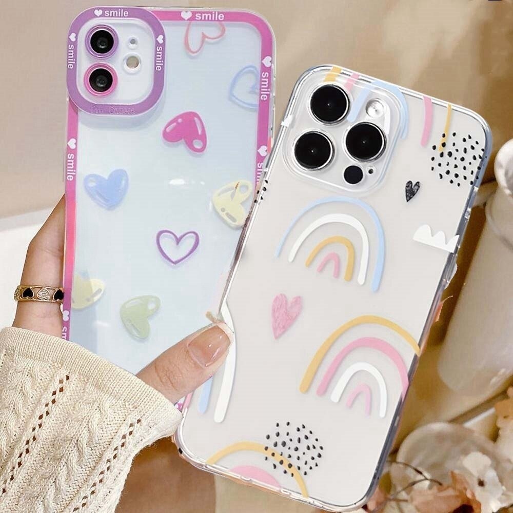 Capa De Celular Para Samsung Galaxy A55 A35 A34 A54 A53 A33 A23 A24 A52 A04E A12 A13 A14 A32 A31 A51 A50 A50S A03 A04 A05S Amor Coração Arco-Íris Proteção De Lente Quadrada