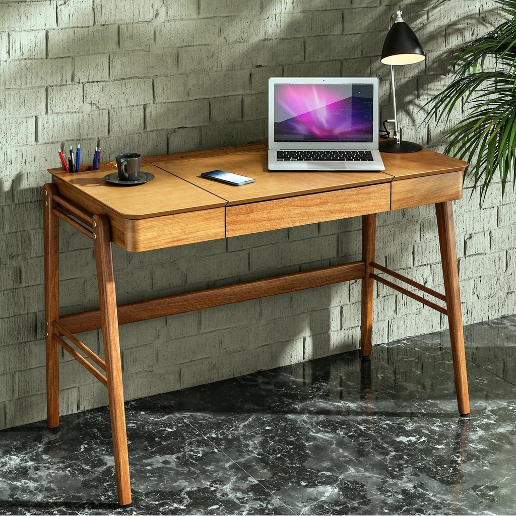 Escrivaninha 111cm Madeira Maciça com Gaveta Nichos e Porta-Canetas Joy Champagne