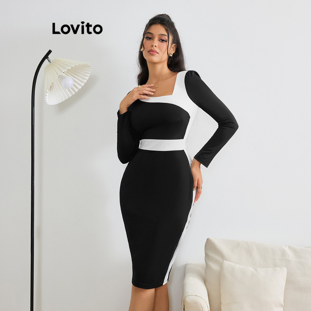 Lovito Vestido elegante com costura em tecido patchwork para mulheres LBL12156