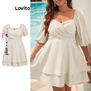 Lovito Plus Size Vestido Feminino Elegante Liso Bata com Camadas LBL09430