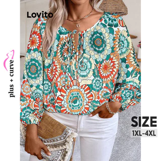 Lovito Plus Size Curva Casual Estampa Tribal Lace Up Padrão Blusa Frente Gravata para Mulheres LBL13279