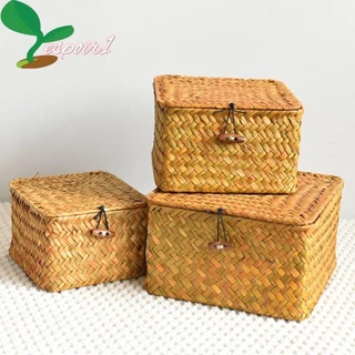 ESPOIR Cestas De Prateleira De Vime , Caixa De Armazenagem De Tecidos À Mão Com Tampa , Rattan Tecelagem Rectangular Sala De Estar