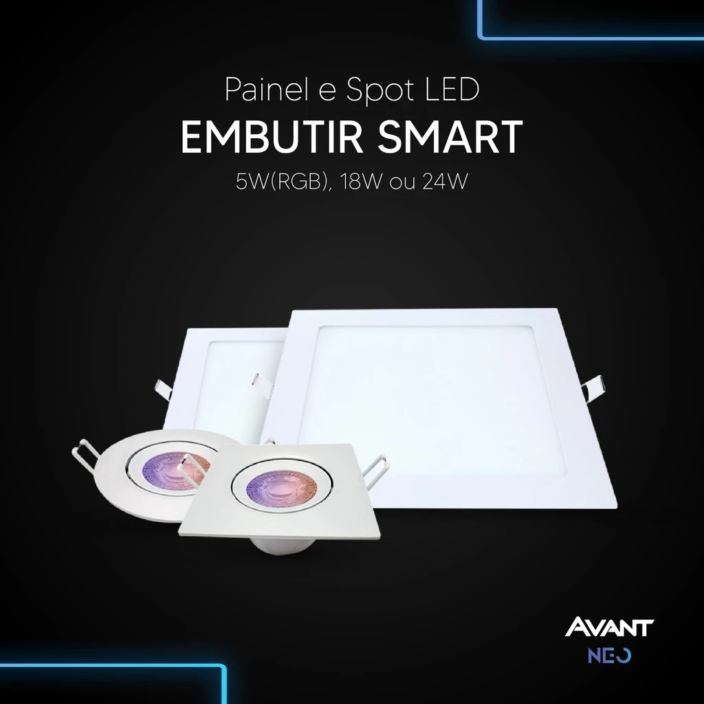 Painel Plafon ou Spot Led Smart Inteligente 5w, 18w, 24w RGB Colorido ou 2700k/6500k Embutir Cod:290118076-123 Avant Neo