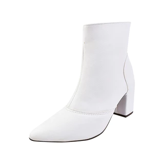 Bota Cano Curto Rosa Chic Calçados Bico Fino Salto Alto Zíper Feminino Branco