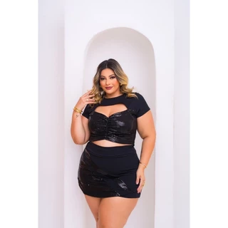Conjunto Feminino Plus Size Short Saia E Blusa Manguinha