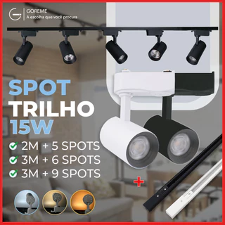 Trilho Spot LED para trilho eletrificado + Trilho + Conector Tubinho Preto e Branco 15W 360° | Luz Branca, Luz Neutra e Luz Amarela | Para ambientes internos modelo econômico Bivolt 110V-220V | Acompanha Trilho