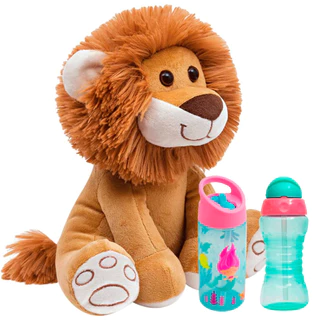 Garrafa Infantil 400ml Sereia + Garrafa Infantil 300m Verde + Meu Leaozinho 25cm - Buba