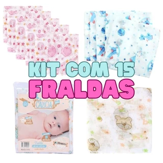 Fralda de Pano Bebê 60cmx60cm Estampada Kit com 15 Unidades Minasrey 100% Algodão