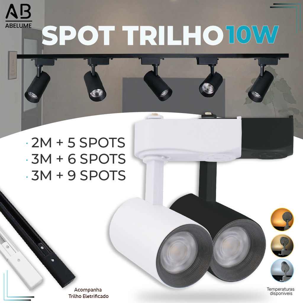 Trilho Spot LED para trilho eletrificado + Trilho + Conector Tubinho Preto e Branco 10W 360° | Luz Branca, Luz Neutra e Luz Amarela | Para ambientes internos modelo econômico Bivolt 110V-220V | Acompanha Trilho