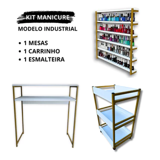 Kit Carrinho Auxiliar + Mesa Manicure + Expositor de Esmaltes Modelo Industrial