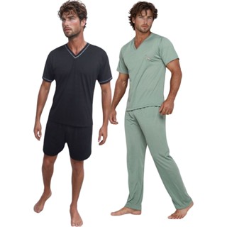 Kit 2 Pijamas Masculino Adulto Camisa Manga Curta e Short e Camisa Manga Curta e Calça Comprida em Oferta na Shopee