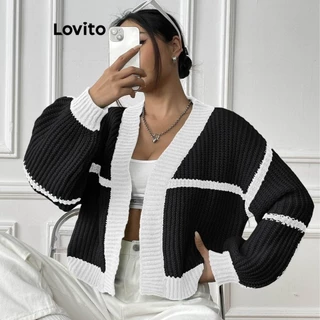 Lovito Cardigãs básicos casuais patchwork colorblock para mulheres LNL57393