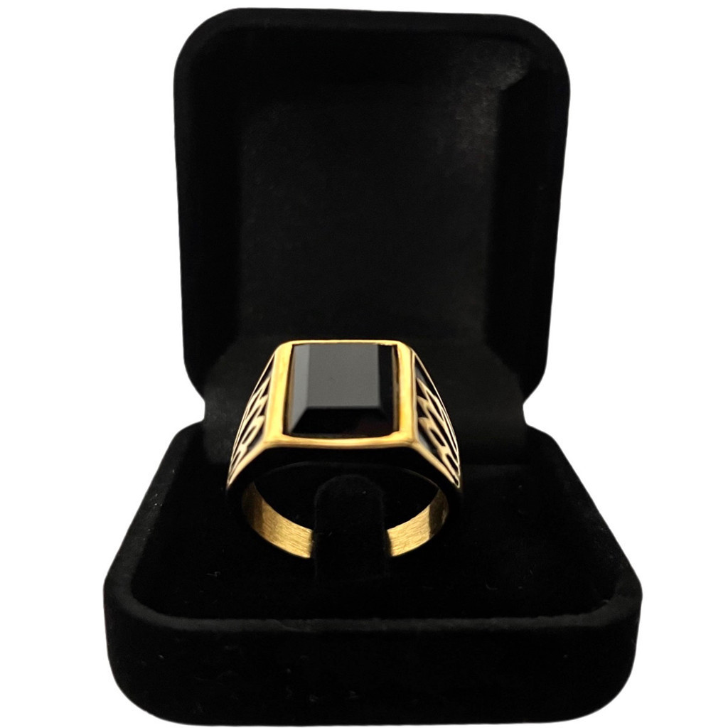 Anel Masculino Comendador Pedra Preta Aço Inox 316l Luxo