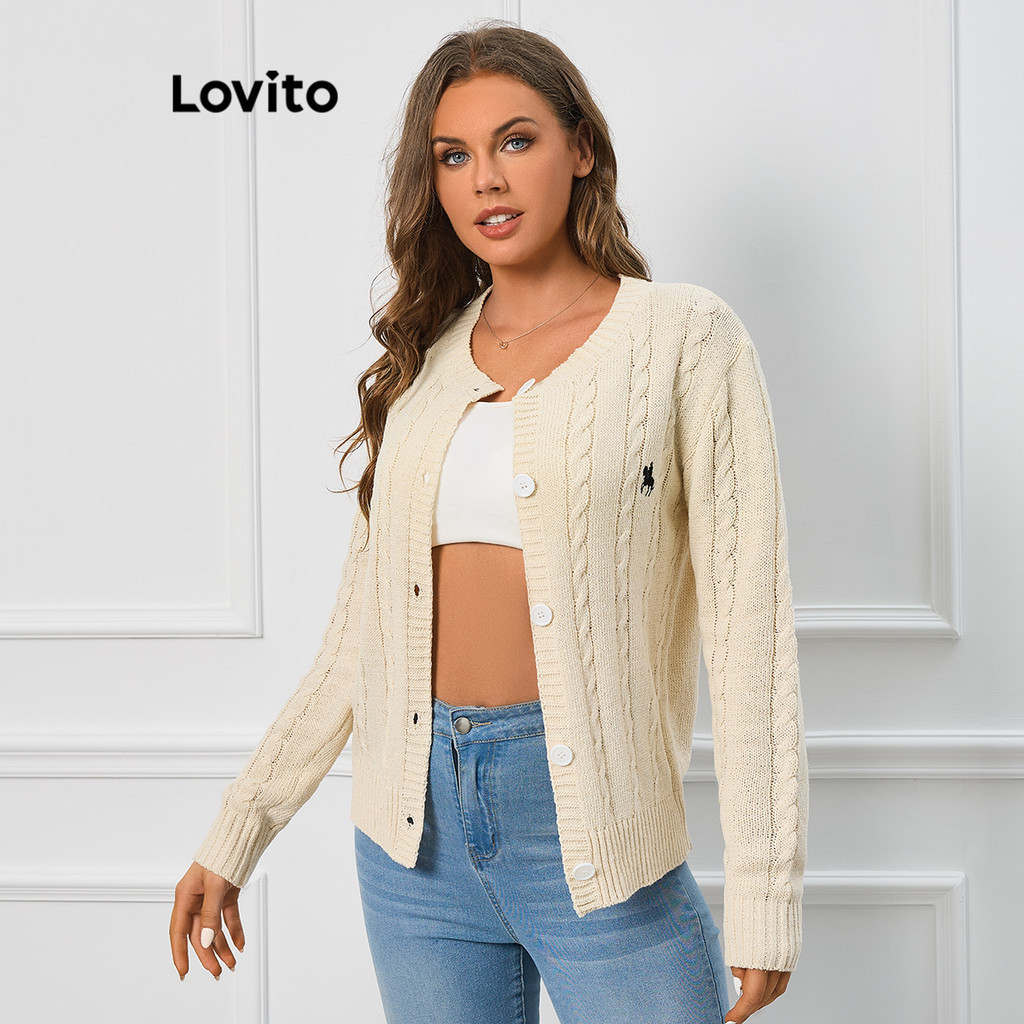 Lovito Casual Cardigã Feminino Liso com Bordado LBL09293