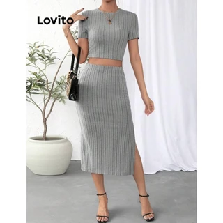 Lovito Conjuntos casuais de saia de malha canelada lisa para mulheres LNL57031