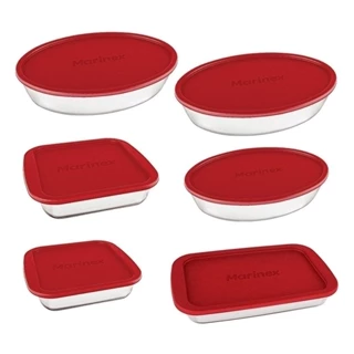 Conjunto de Assadeiras de Vidro Marinex com Tampa Vermelha 6 Peças