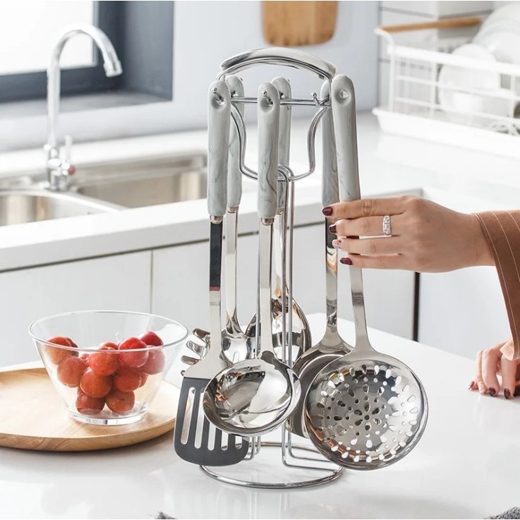 Kit Utensílios Para Cozinha em Aço Inox com Suporte 7 Peças Pronta Entrega