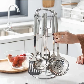 Kit Utensílios Para Cozinha em Aço Inox com Suporte 7 Peças Pronta Entrega
