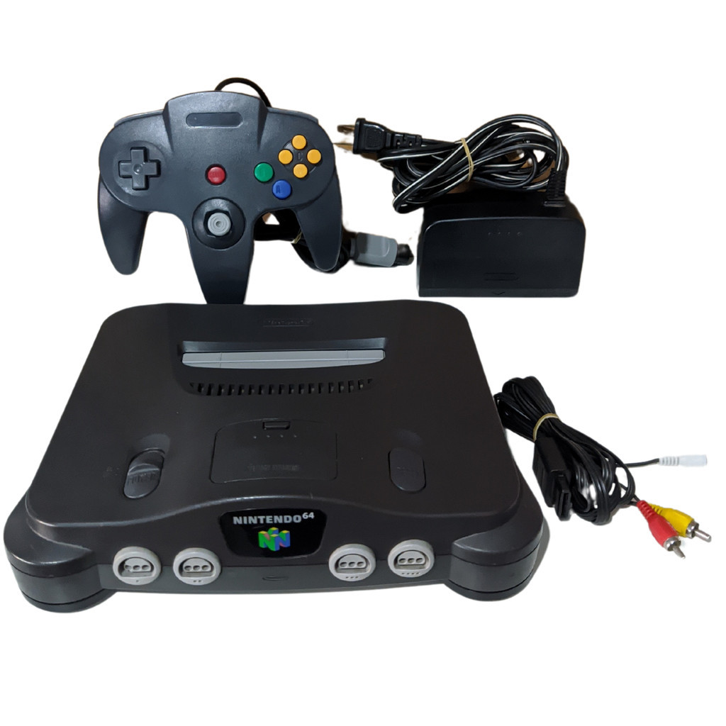 Console Nintendo 64 preto com controle preto