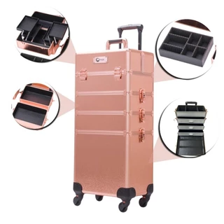 MALETA CARRINHO CREATIVE MAKEUP 4 ANDARES E 4 RODINHAS ROSE GOLD BO-TR007T