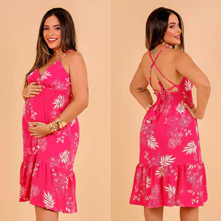 Vestido Gestante Curto com Babado Alças com Amarração na Costa