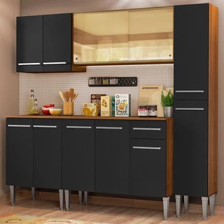 Cozinha Completa Madesa Emilly West com Balcão, Armário Vidro Reflex e Paneleiro - Rustic/Preto em Oferta na Shopee