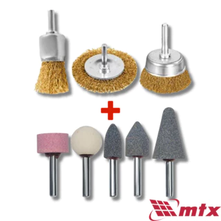 Kit Jogo Escova de Aço Circular 3 Pçs+Kit Jogo de Ponta Montada 5Pçs MTX Esmeril/Furadeira Haste 6mm