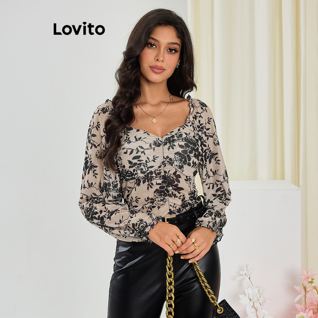 Lovito Camiseta feminina romântica Ditsy Floral Contrast Mesh Flowers LBL12021