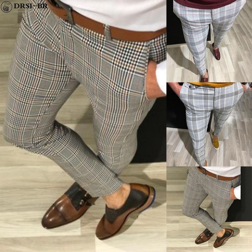 Homens calças meados de cintura calças xadrez slim fit primavera desgaste resistente para o trabalho