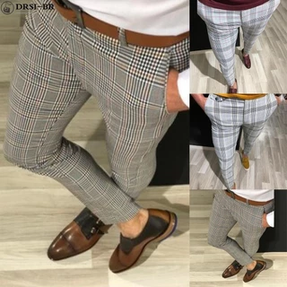 Homens calças meados de cintura calças xadrez slim fit primavera desgaste resistente para o trabalho