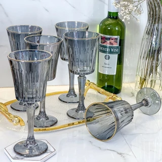 Jogo de 6 Taças Luxo Alto Padrão e Muito Brilho Para Vinho / Água - Egeu Borda Dourada -Fumê -Linha Premium