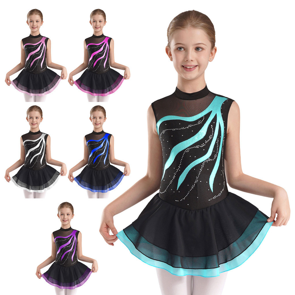 Yeahdor Vestidos De Dança Infantis Com Strass Brilhantes , Cor Contrastante , Patchwork , Buraco De Fechadura , Costas ,